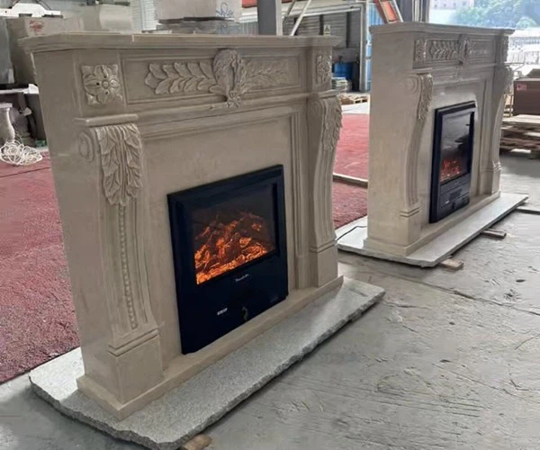 beige marble fireplace